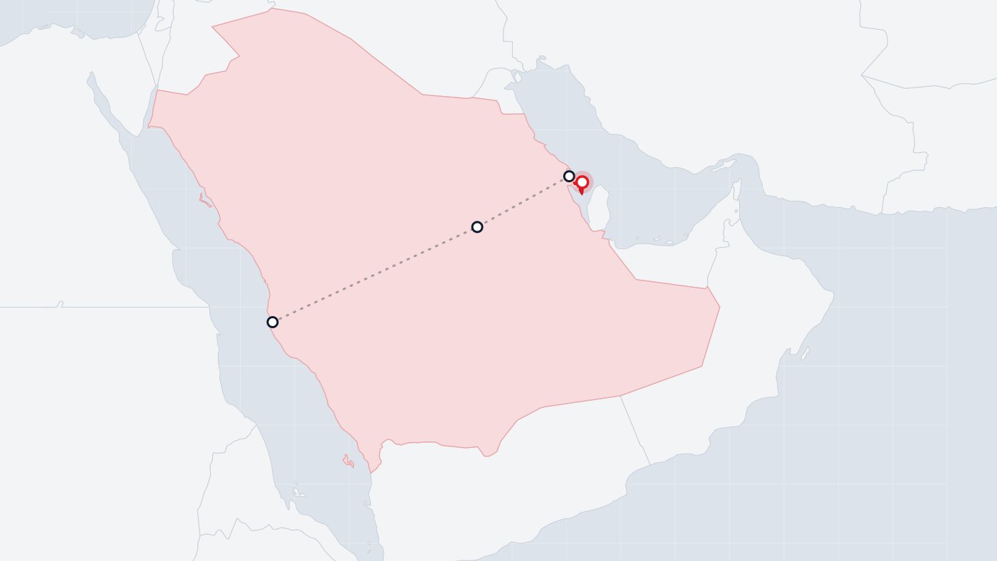 خريطة مسار النقل البري من السعودية إلى البحرين