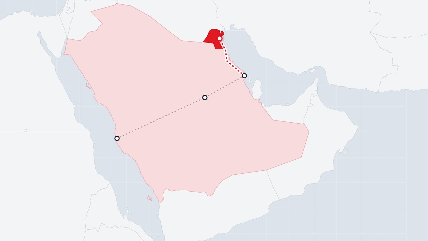 خريطة مسار النقل البري من السعودية إلى الكويت