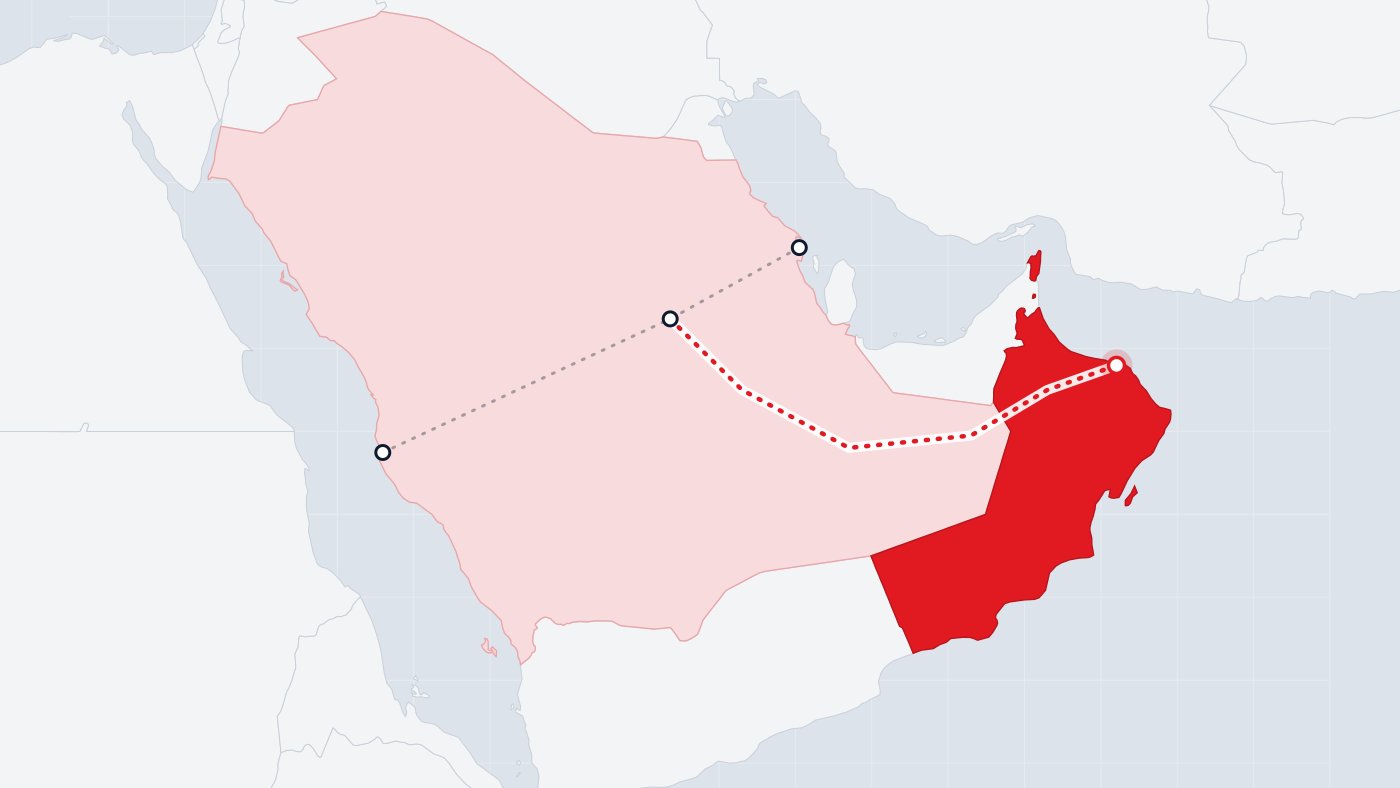خريطة مسار النقل البري من السعودية إلى عُمان