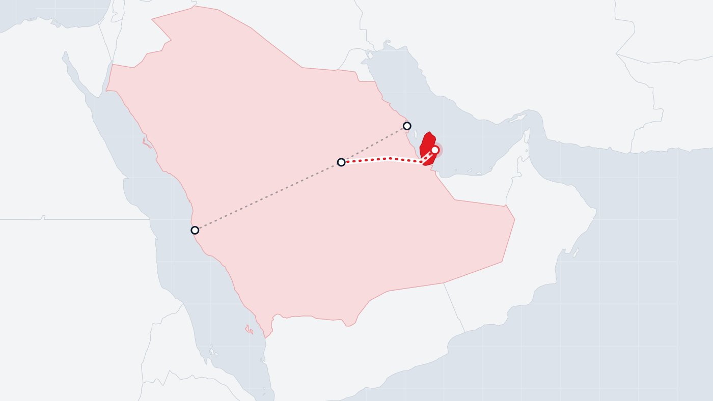 Map of the road route from Saudi Arabia to Qatar