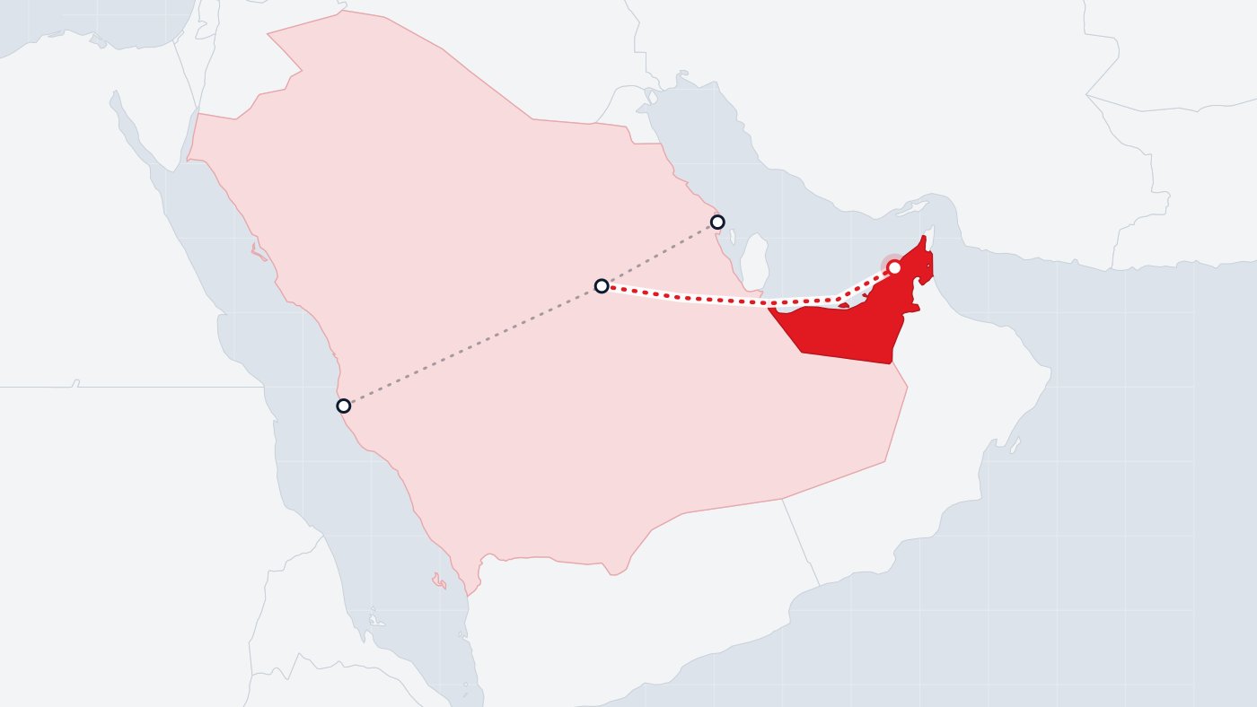 خريطة مسار النقل البري من السعودية إلى الإمارات